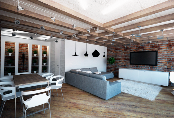 Interior moden dalam gaya loteng: gaya loteng di bahagian dalam apartmen, idea-idea foto