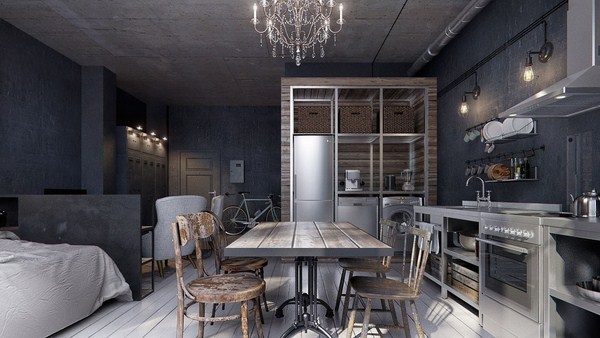 Interior moden dalam gaya loteng: gaya loteng di bahagian dalam apartmen, idea-idea foto