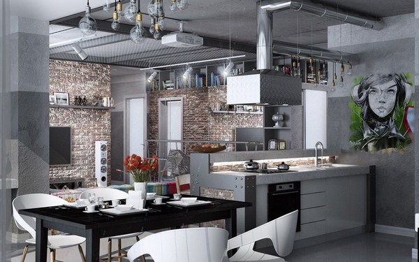 Interior moden dalam gaya loteng: gaya loteng di bahagian dalam apartmen, idea-idea foto