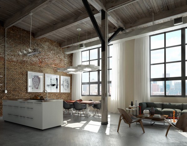 Interior moden dalam gaya loteng: gaya loteng di bahagian dalam apartmen, idea-idea foto