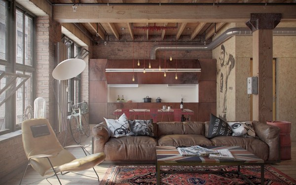Interior moden dalam gaya loteng: gaya loteng di bahagian dalam apartmen, idea-idea foto